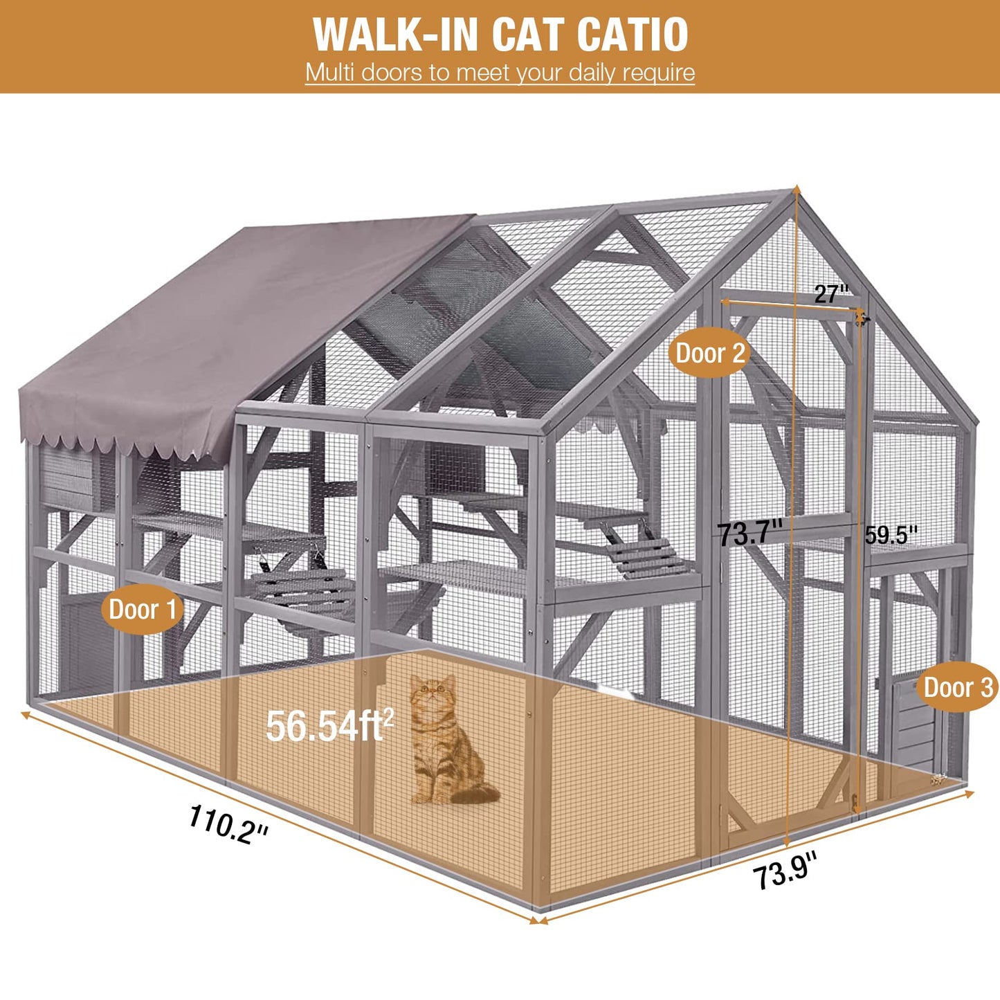 Outdoor Catio Cat House 110" Super Large Cat Enclosures Surper Large for 15-20 Cats,Waterproof Cover - WoodArtSupply