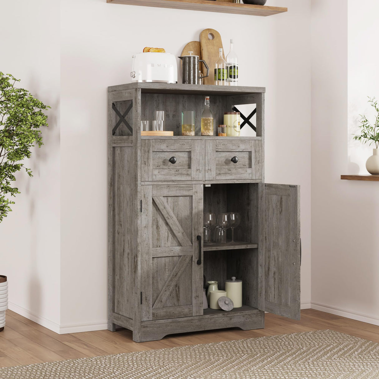 Befrases Farmhouse Storage Cabinet with Drawers and Adjustable Shelves, Freestanding Kitchen Pantry Storage Cabinet, Floor Storage Cupboard for Dining Living Room Home Office, Washed Grey Befrases