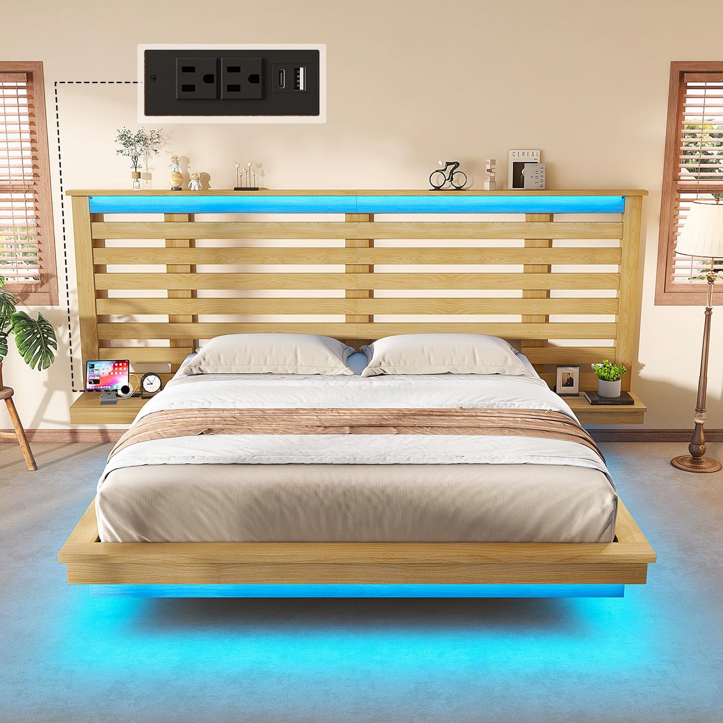 LUXOAK Maple Yellow Farmhouse Full Floating Bed Frame with LED Lighting & Charging Station - WoodArtSupply