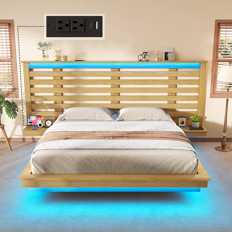 LUXOAK Maple Yellow Farmhouse Full Floating Bed Frame with LED Lighting & Charging Station LUXOAK
