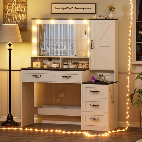 DDONGMM Farmhouse Vanity Desk Makeup Table with Mirror and 10 Lights, 45.3" Large Vanity Desk with Power Outlet, 5 Drawers, 1 Cabinet & 9 Jewelry Hooks, Dressing Table for Women Girls White & Black DDONGMM