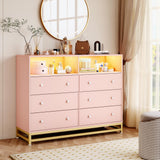 Pink Dresser for Bedroom, Wooden Modern 6 Drawers Long Dresser with Charging Station and Led Lights Design, Large Capacity Storage Chest of Drawers, Wide Drawers for Living Room, Hallway Garveehome