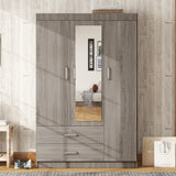 Hlcodca 3 Doors Wardrobe Armoire with Mirror, Large Freestanding Armoire Wardrobe Cabinet with Shelves & Hanging Rod, Wood Clothes Storage Cabinet Organizer for Bedroom, Guest Room (Gray-3W) Hlcodca
