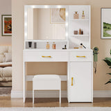 YITAHOME Vanity Desk with Mirror, Makeup Vanity Set with Power Strip, 9 Dimmable Bulbs, Drawers, Cabinet, Shelves, and Stool, 3-Color Adjustable Lighting, Elegant Vanity for Dressing Room, White YITAHOME
