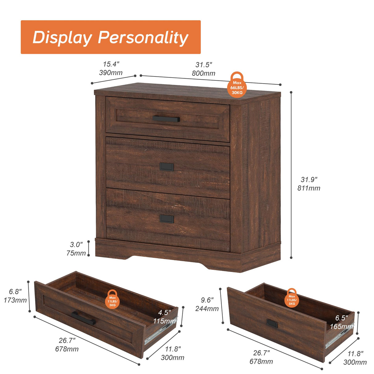 WAMPAT Rustic Wood 3-Drawer Dresser,32-inch Tall Farmhouse Bedroom Chest of Drawers with Smooth Glide, 31.5-inch Wide Storage Cabinet with Drawers, Rustic Brown WAMPAT