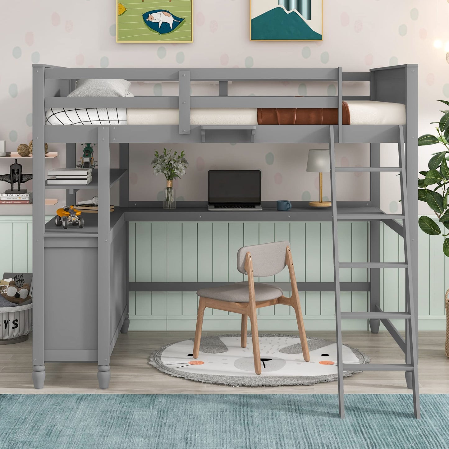 Harper & Bright Designs Grey Full Size Loft Bed with Desk, Storage Drawers, and Shelves for Kids and Teens