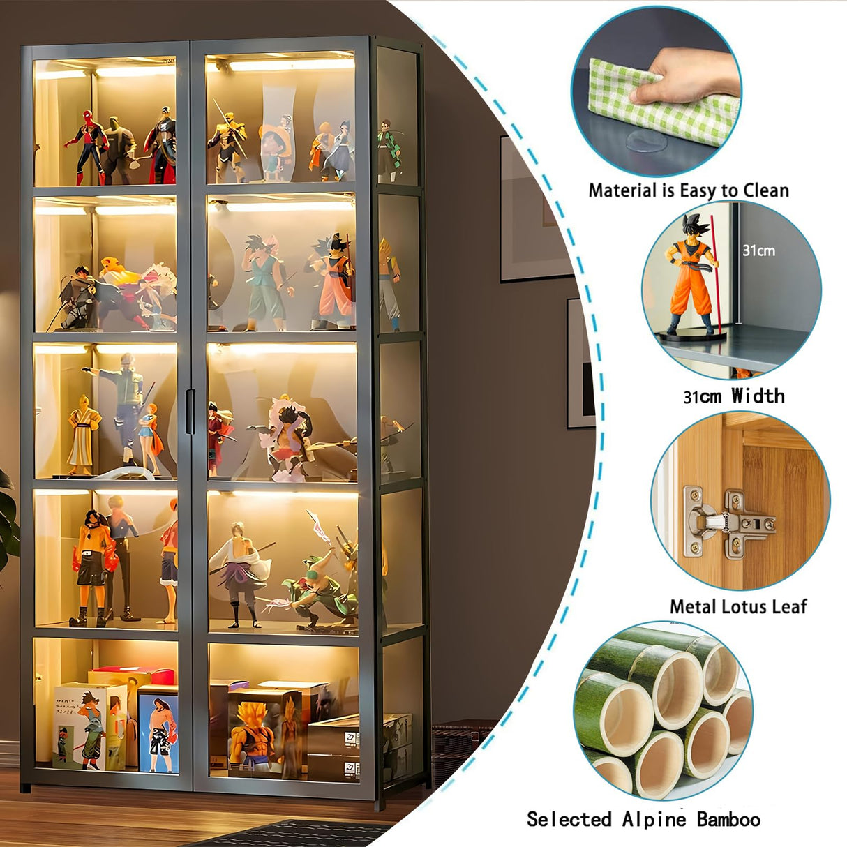 TVMCNA 67" Display Cabinet, Curio Display Cabinet with Door and 4 Adjustable Shelves, Large Capacity Storage Cabinet Collectibles Toy Display Case for Living Room TVMCNA