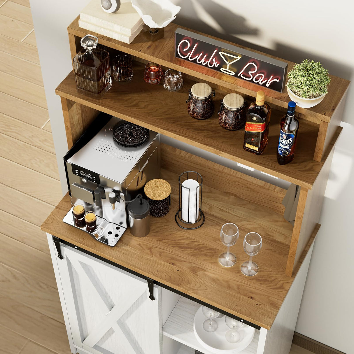 BestHaped Farmhouse Coffee Bar Cabinet with 3 Tier Storage Hutch, 56 Inch Coffee Bar with 6 Hooks, White Small Coffee Station Coffee Bar Table with Adjustable Shelves for Living Dining Room BestHaped