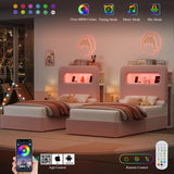 HOSTACK Twin LED Bed Frame with Storage Headboard and Charging Station, Girls Bed Frame with 2 Drawers and USB Ports, Velvet Upholstered Platform Bed Frame with Bookcase, No Box Spring Needed, Pink HOSTACK