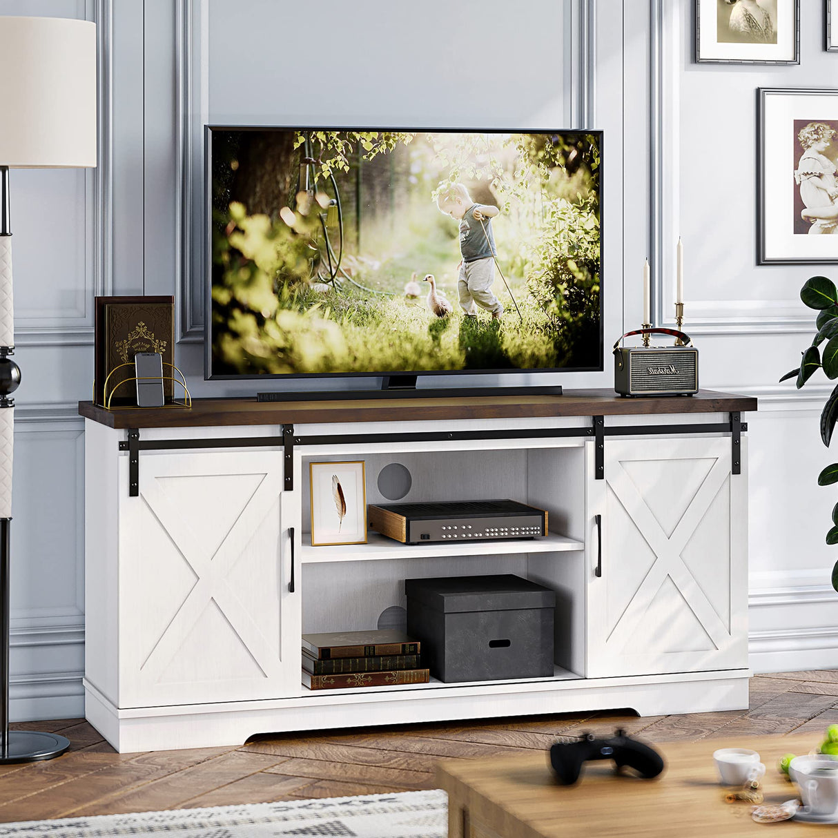 IDEALHOUSE Farmhouse TV Stand, Entertainment Center for 65 Inch TV Media Console Table, White Barn Door TV Stand with Storage and Shelves, Modern TV Console Cabinet Furniture for Living Room IDEALHOUSE