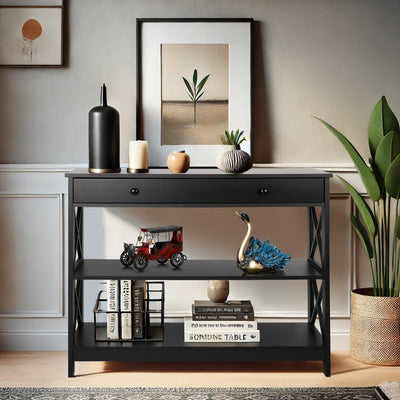 Nouva Black Console Table, 3-Tier 40 Inch Entryway Table Hallway Table Long Narrow Sofa Table w/Storage Shelves Drawer, Entrance Table for Living Room,Foyer,Office
