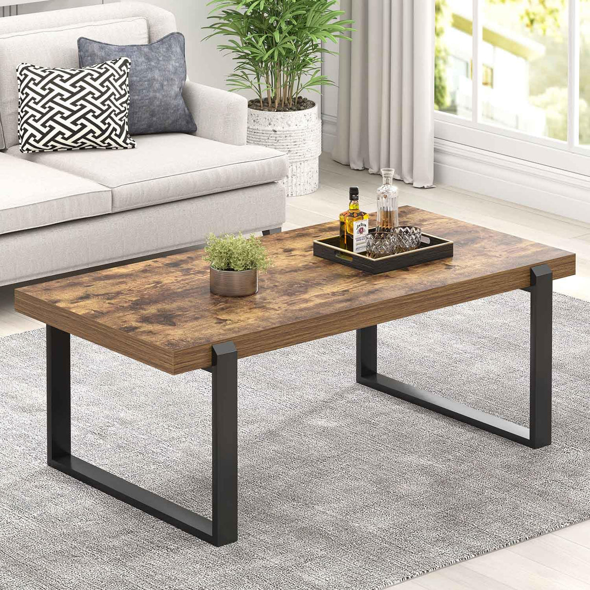 FOLUBAN Coffee Table, Modern Rustic Wood and Metal Center Table, Industrial Rectangle Cocktail Tea Table for Living Room, Brown, 47 Inch FOLUBAN