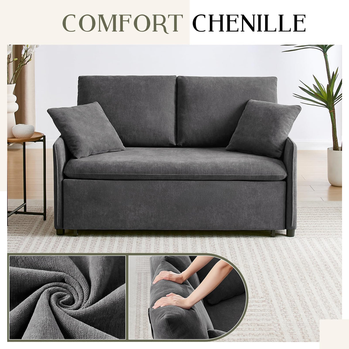 Zelimon Sleeper Sofa Bed, 3 in 1 Pull-Out Convertible Sofa Bed, 55'' Lounge Soft Futon Sofa with Adjustable Backrest, Chenille Couches for Living Room/Office/Apartment, Grey Zelimon