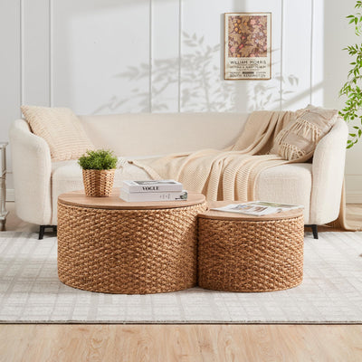 Giofanzo Round Nesting Coffee Table Set of 2 with Storage - Handwoven Wicker Rattan Ottoman Style, Boho Coastal Coffee Tables for Living Room, Rattan Coffee Table with Cushion Base & Solid Wood Cover