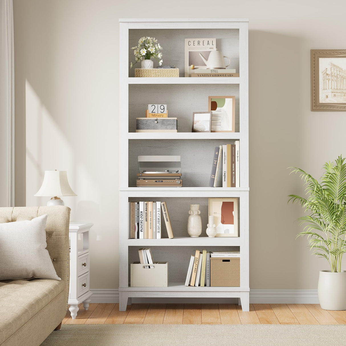 IDEALHOUSE 5 Tier Bookcase with Adjustable Shelves, 71" Tall Narrow Bookshelf w/Wooden Legs, Farmhouse Narrow Bookcase for Living Room Apartment Office (1, White) IDEALHOUSE