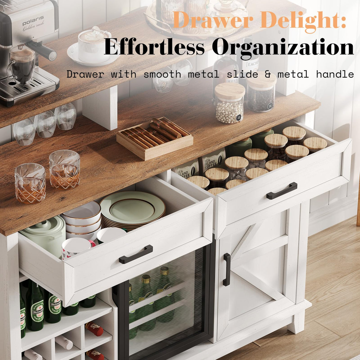 AMERLIFE 47" Farmhouse Coffee Bar Cabinet with 15" Refrigerator & Wine Rack & Glass Holder, Wine Cabinet with Storage Drawers & Open Shelves, Sideboard Buffet Cabinet for Dinging Room, Living Room AMERLIFE