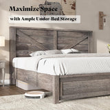 AMERLIFE King Size Farmhouse Bed Frame with 49.2" Barn Door Headboard, Platform Bed Frame with Wood Slats, Under Bed Storage Space, Easy Assembly, Noisy Free, Rustic Gray AMERLIFE