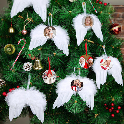 20 Pcs Christmas Angel White Wings Ornament, Angel Feather Wings Feather Hanging Decor with Round Sublimation Blank Pendants for Christmas Tree Crafts Angel Mini Wings Xmas Decor