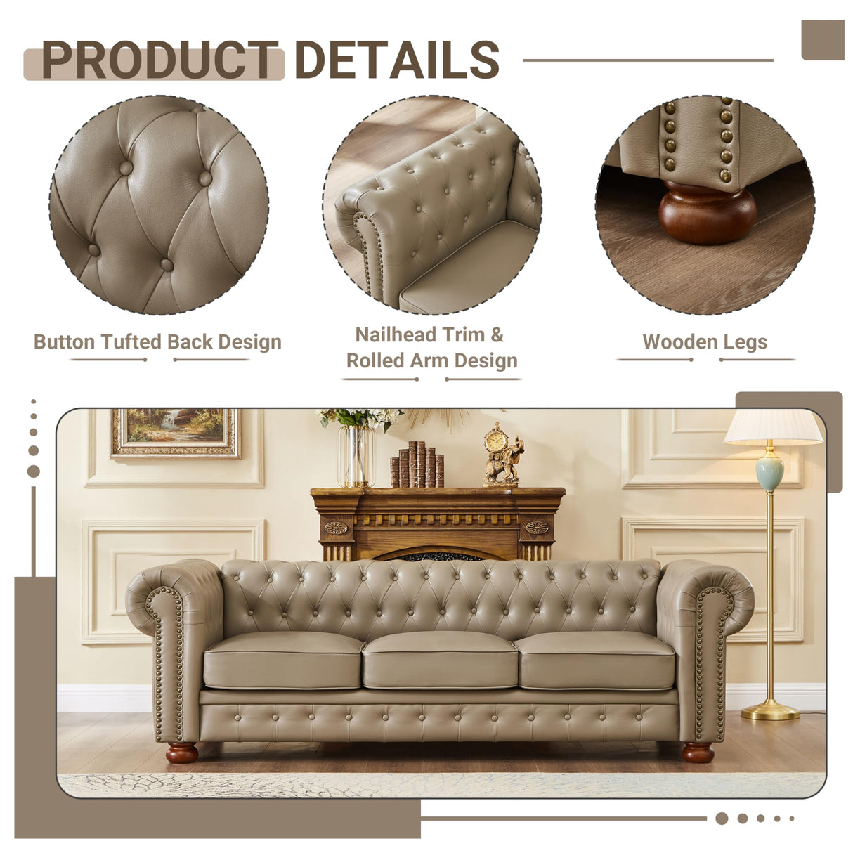 N NOORDENIYA Chesterfield Leather Sofa, 89" Mid Century Modern Couch with Low Back, Roll Arm Nailhead Trim Classic 3 Seater Couch for Living Room, Office, Apartment, PU Khaki N NOORDENIYA