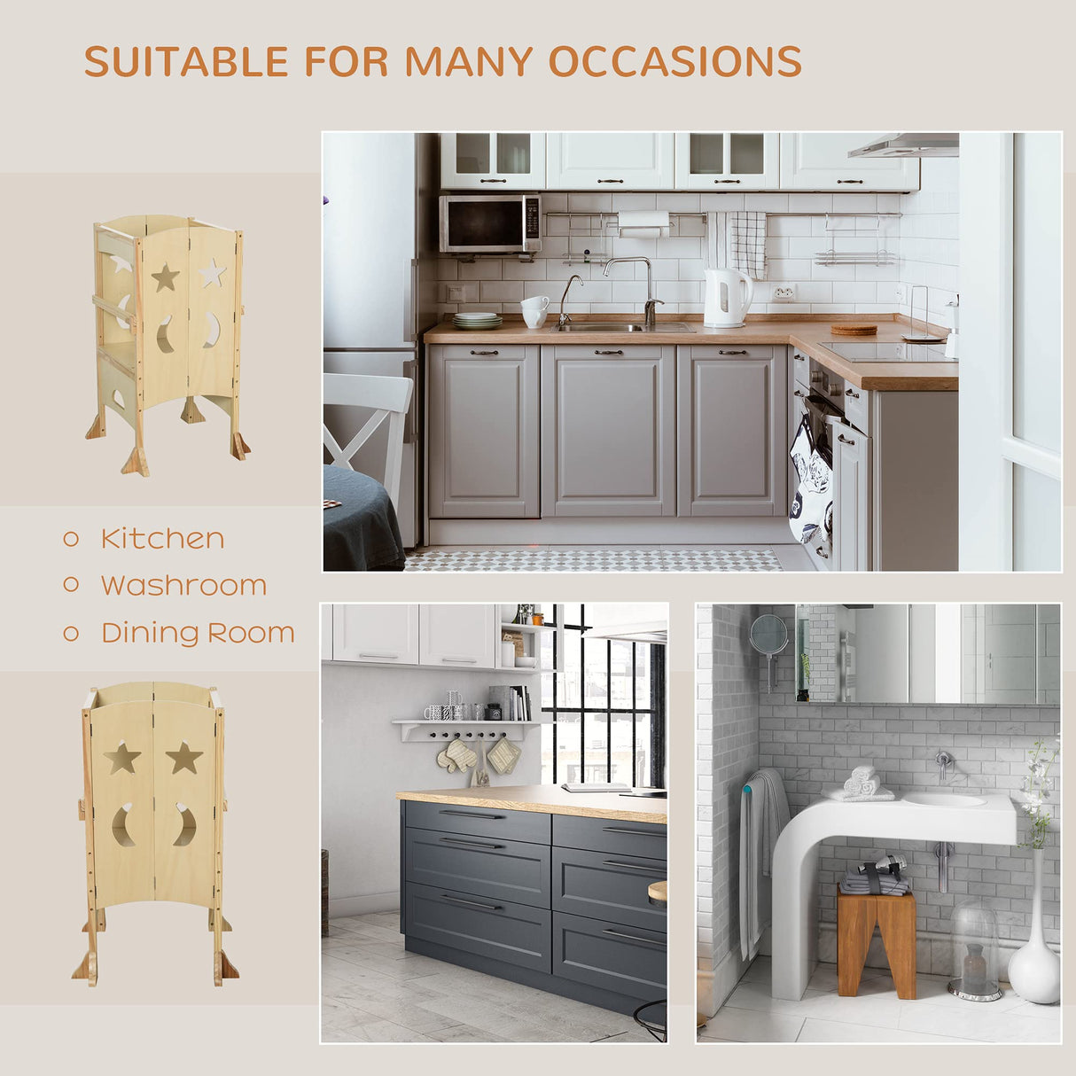 Qaba Wooden Kitchen Step Stool for Kids, Foldable Toddler Tower, Helper Stool for Kitchen Counter with Support Handles Safety Rail, Natural Wood Qaba