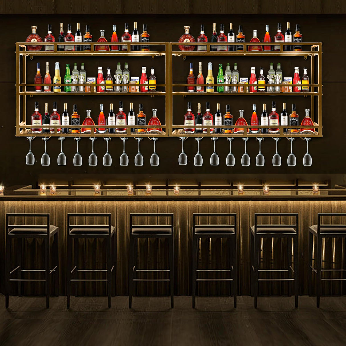 HFTUW Metal Wine Rack Wall Mounted, Bar Shelves for Liquor Bottles with LED Light, 3 Tier Large Capacity Liquor Rack Wall Mounted with Glass Holder for Home Bar & Dining Room （Gold, 47in/120cm） HFTUW