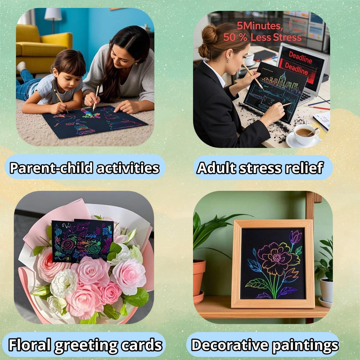 240 Scratch Paper for Kids with 26 Bamboo Styluses | Mess Free Scratch Paper Kit | Fun Classroom Crafts Activity &Creative Party Gifts (Ages 4-8, Travel Toy) wiwbbitl