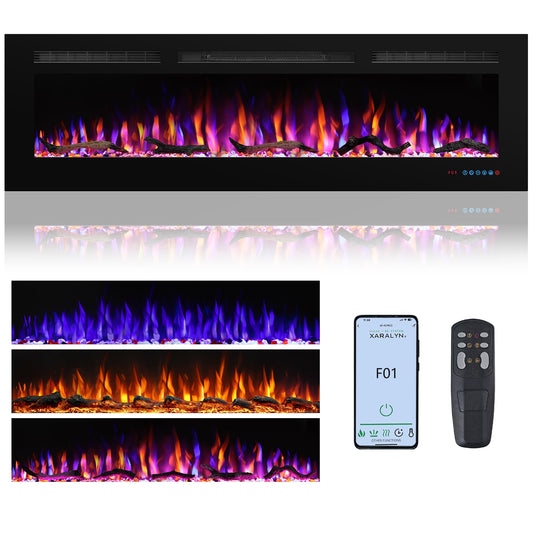 Valuxhome 72in Smart App Electric Fireplace,Recessed & Wall-Mount, Logset & Crystal,Decoration,Remote Control, 750/1500W,Black,Overheating Protection,62-86°F,Hard-Wire