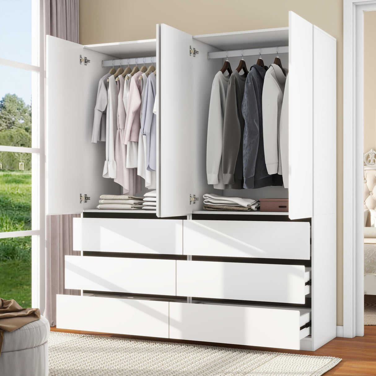 LABROSKIA Bedroom Armoire Wardrobe Closet with 6 Drawers: White Wardrobe Closet with 4 Doors, Modern Cabinet for Clothes with Shelves, Wooden Armoire for Hanging Clothes (Modern, 2) LABROSKIA