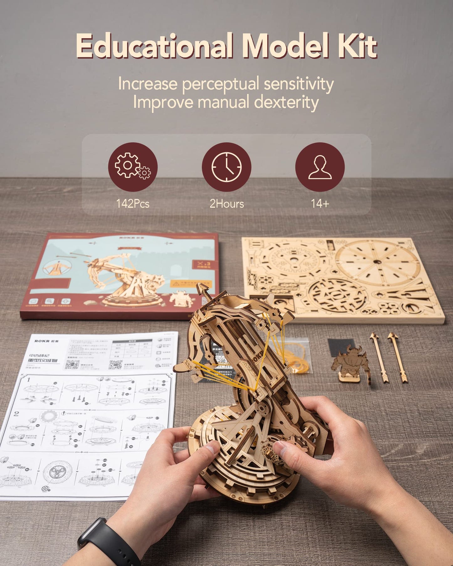 ROKR DIY Wooden Catapult Kit-3D Wooden Puzzle for Adults-Wood Ballista Model Building Kit-STEM Gift for Boys and Girls