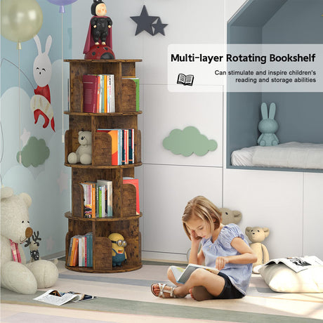 Aheaplus 360° Rotating Small Corner Bookshelf with 4 Tiers - Rustic Brown Sturdy Storage Rack for Limited Spaces Aheaplus