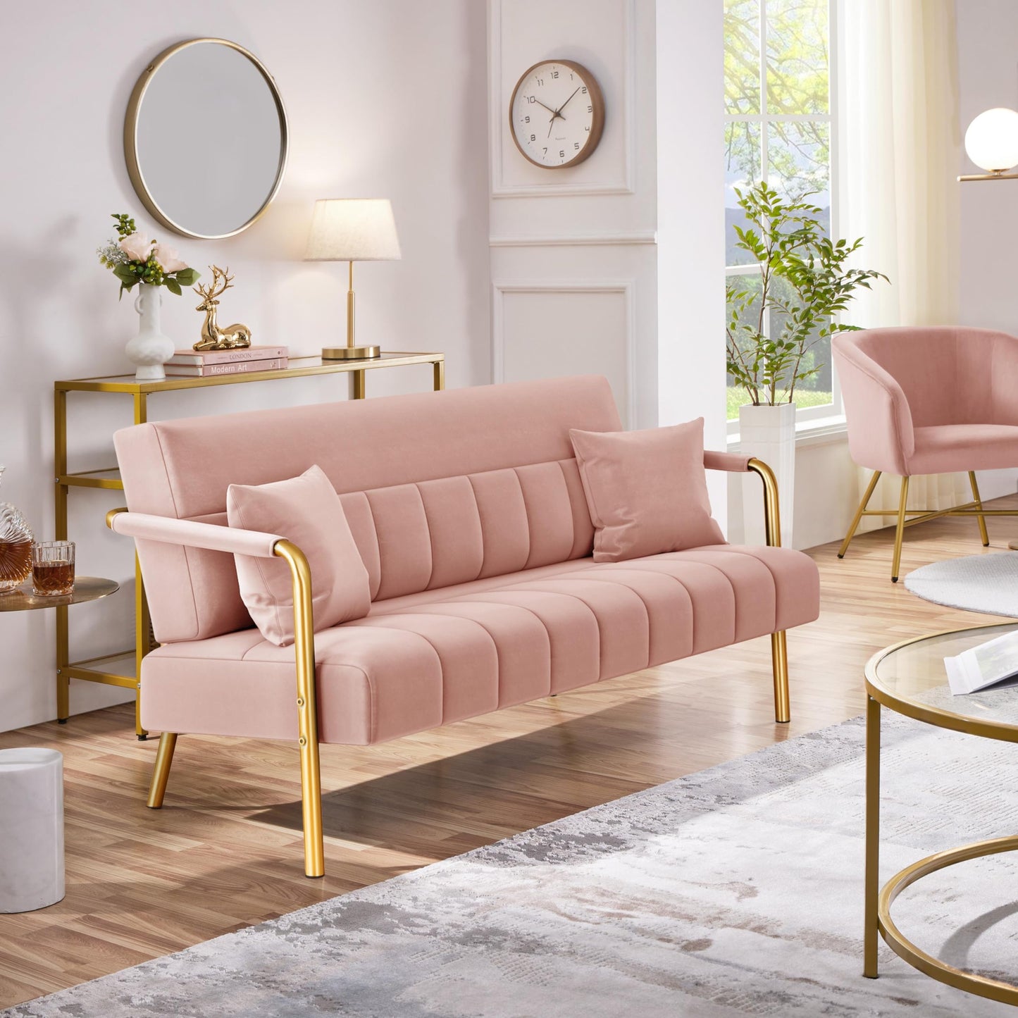 Yaheetech 56.5" W Modern Loveseat 2 Seater Sofa Luxurious Velvet Fabric Couch with Gold-Tone Metal Arms and Legs for Living Room, Home Office, Studio Pink