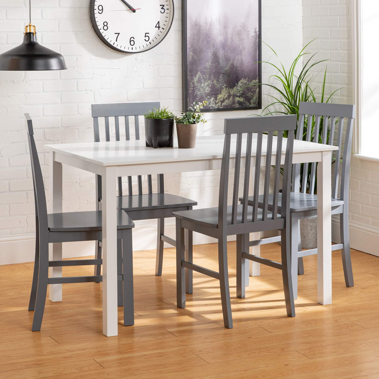 Walker Edison 4 Person Modern Farmhouse Wood Small Dining Table Dining Room Kitchen Table Set 4 Chairs Set, 48 Inch, White and Grey Walker Edison