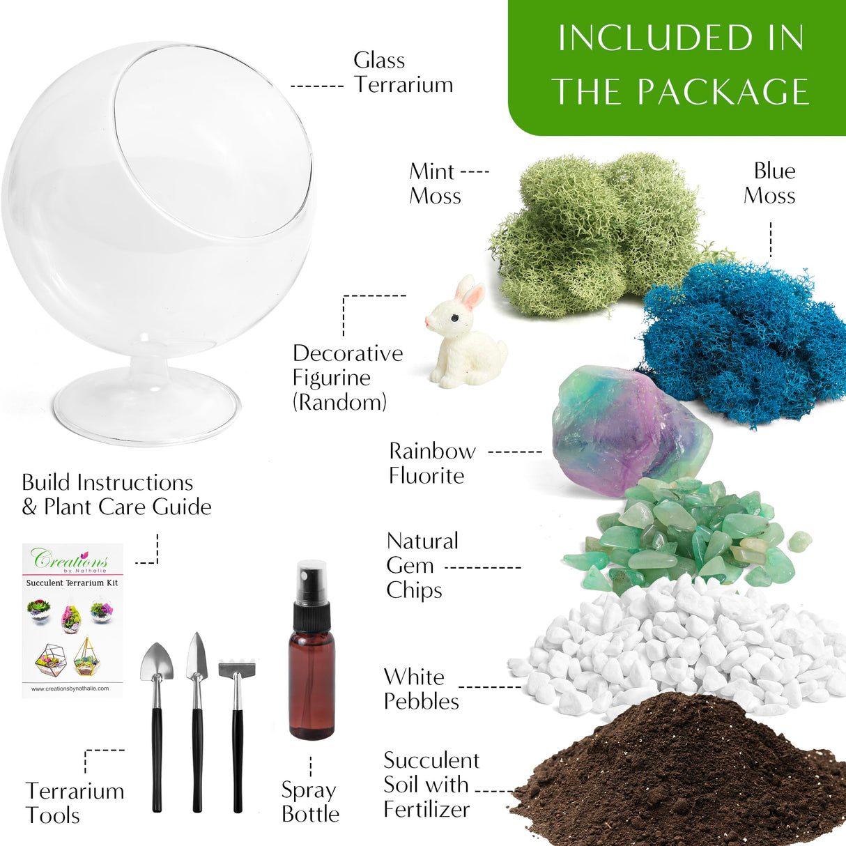 Creations by Nathalie - DIY Glass Plant Terrarium Kit for Adults, Metal Stand, Reindeer Moss, Crystals, Rocks, Tools & Figurine – Complete Starter Set Creations by Nathalie