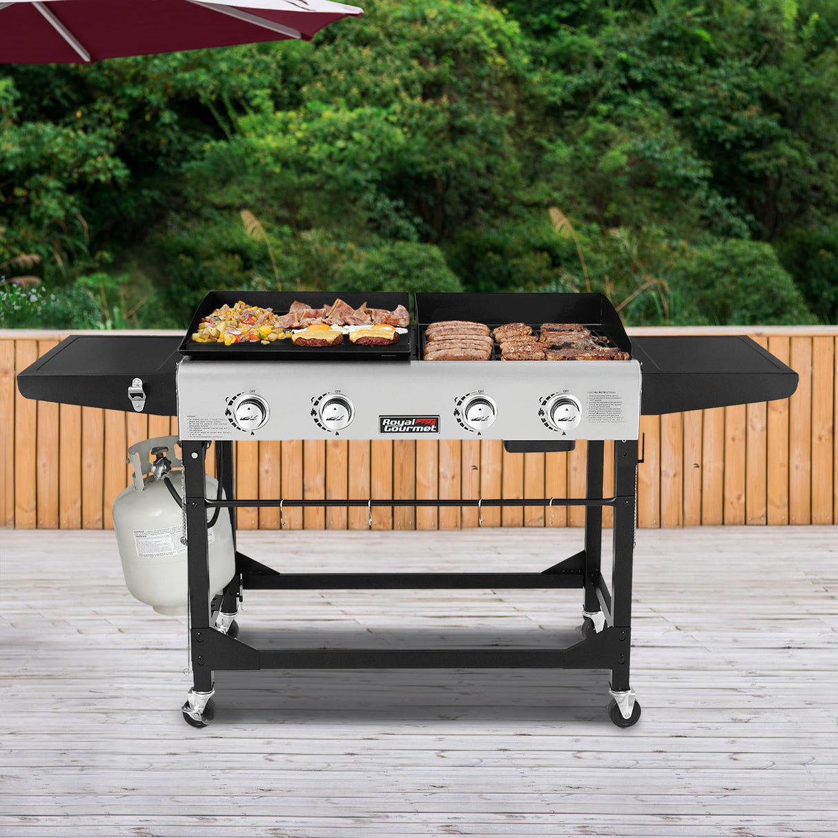 Royal Gourmet GD401 Portable Propane Gas Grill and Griddle Combo with Side Table | 4-Burner, Folding Legs,Versatile, Outdoor | Black 66 Inch Royal Gourmet