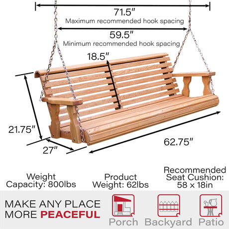 Amish Casual Heavy Duty 800 Lb Roll Back Treated Porch Swing with Hanging Chains (5 Foot, Cedar Stain) Amish Casual