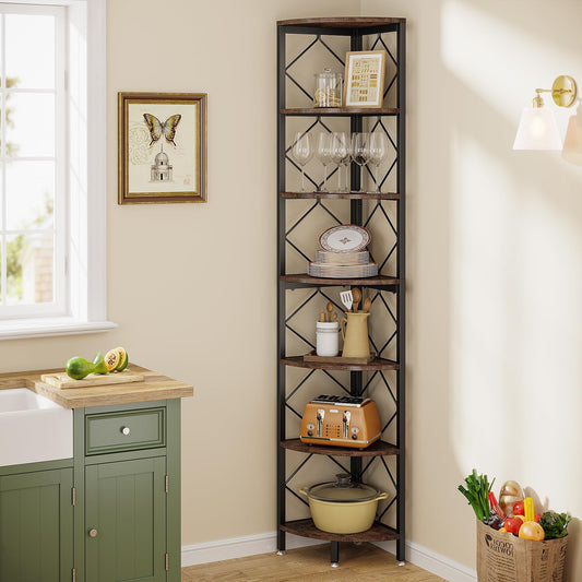 Tribesigns 7-Tier Rustic Brown Corner Bookshelf - Extra Tall Industrial Storage Solution for Small Spaces - WoodArtSupply