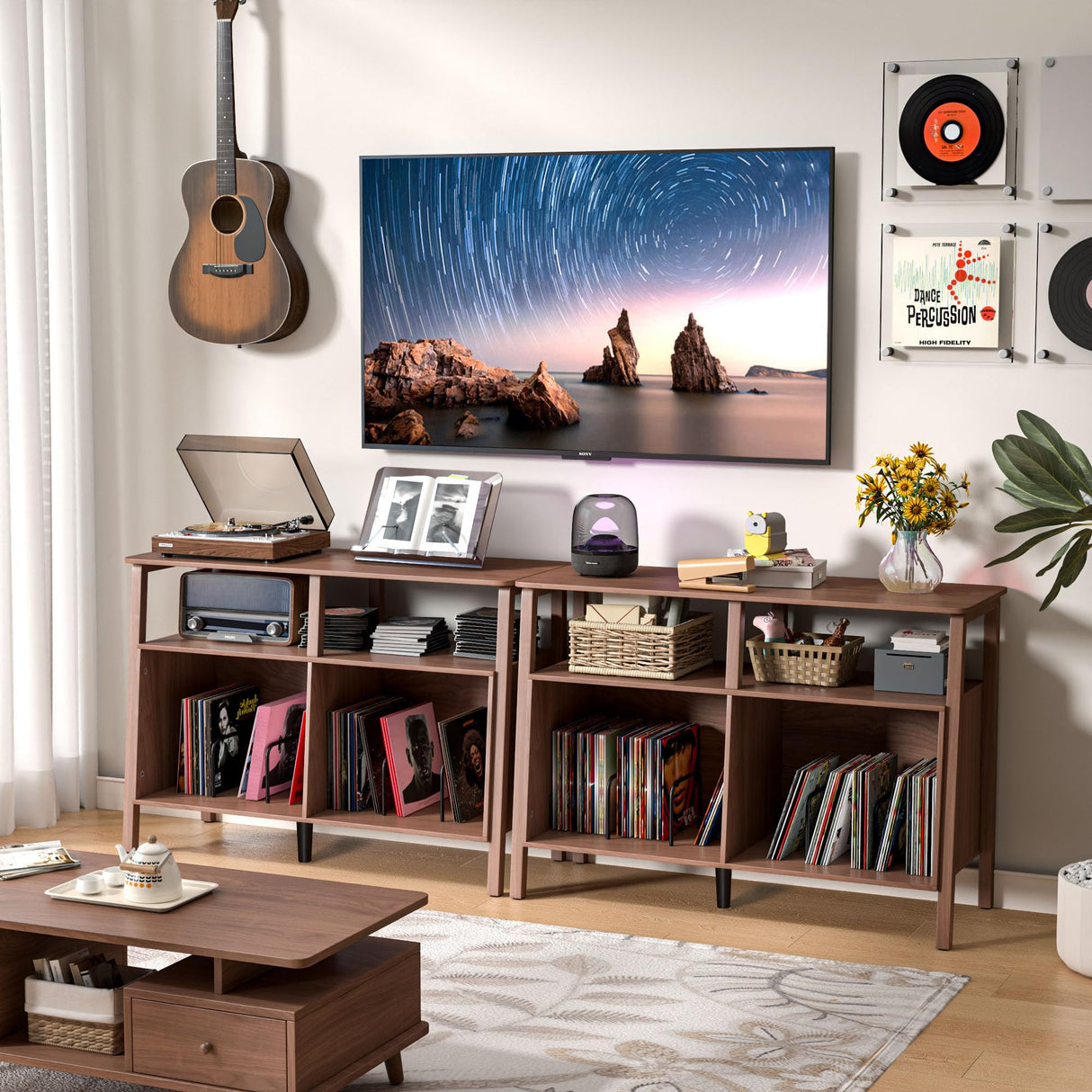 Mxtxmy Large Record Player Stand,Mid Century Turntable Stand Table with Open Storage Holds up to 300 Albums,Vinyl Record Storage Display Shelf for Living Room Bedroom (Walnut) Mxtxmy