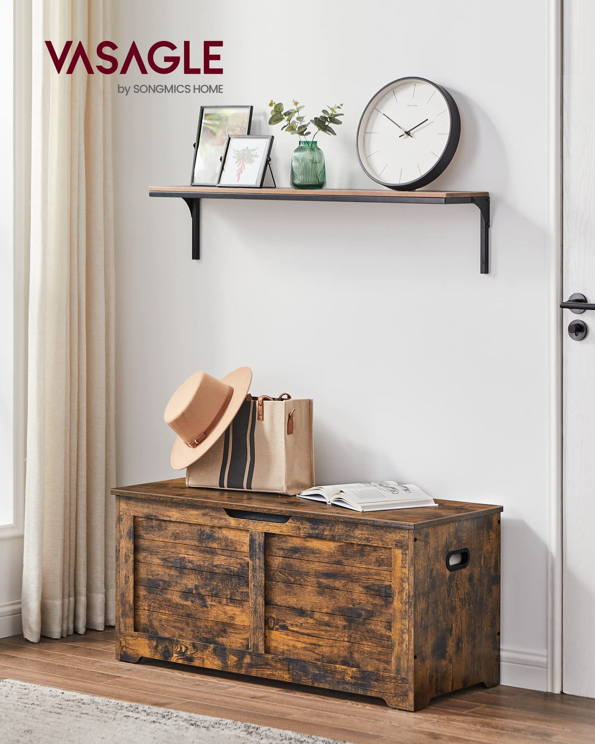 VASAGLE Storage Chest, Storage Trunk with 2 Safety Hinges, Storage Bench, Shoe Bench, Farmhouse Style, 15.7 x 39.4 x 18.1 Inches, for Entryway, Bedroom, Living Room, Rustic Brown ULSB061T01 VASAGLE