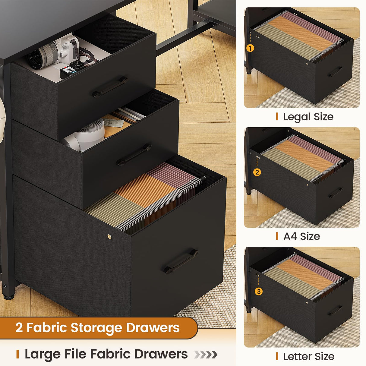 SEDETA L Shaped Computer Desk, 58'' Office Desk with 3 Drawers and Bookshelf, L Shaped Corner Desk with Storage Shelves and LED Light for Home Office, Gaming Desk, L Desk, Black SEDETA