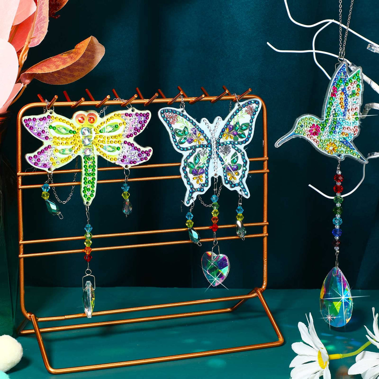 Jetec 3 Pieces Diamond Art Kits Painting Suncatcher Wind Chime Double Sided Crystal Gem Paint by Number Hanging Ornament for Adults DIY Window Home Garden(Dragonfly, Butterfly, Hummingbird) Jetec