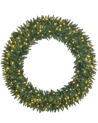 OasisCraft 60 inch Large Artificial Pre-Lit Fir Christmas Wreath with 300 LED Lights, 722 PVC Branch Tips, Holiday Decoration for Door, Power Plug-in, Green