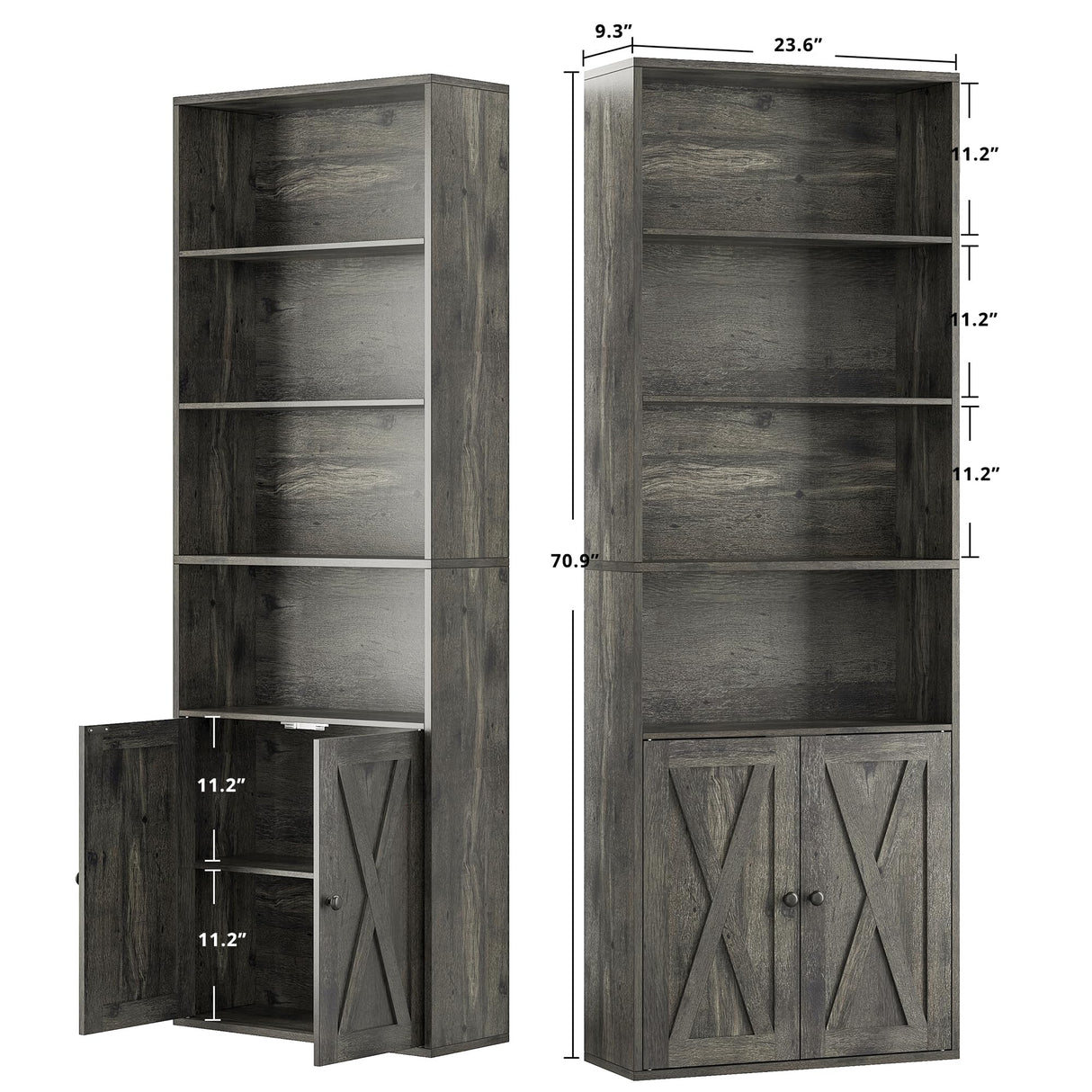 IRONCK Industrial Bookshelves and Bookcases with Doors Set of 2 Floor Standing 6 Shelf Display Storage Shelves 70 in Tall Bookcase for Home Office, Living Room IRONCK
