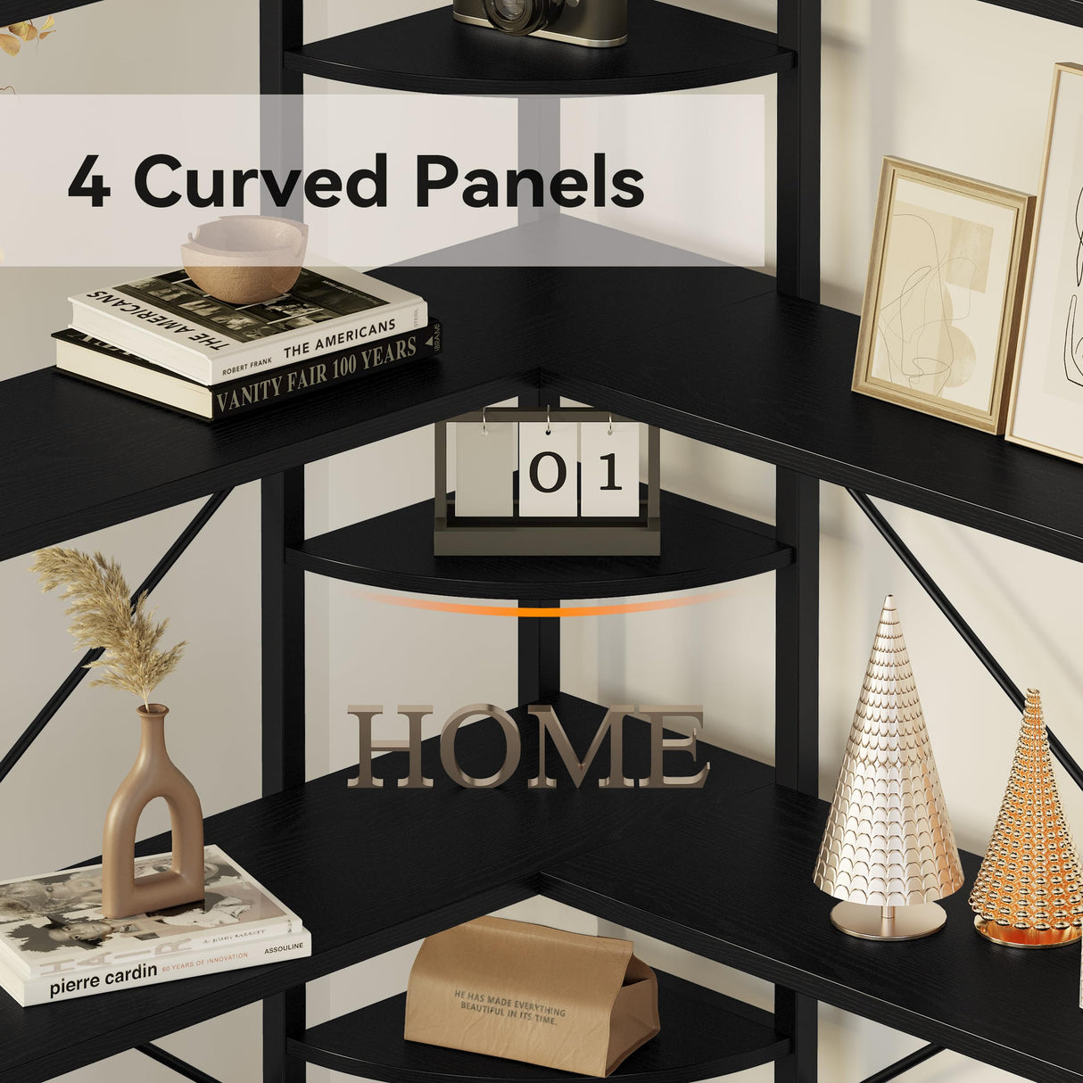 IRONCK Industrial Bookcases and Bookshelves, 5-Tiers Corner Bookcase with Curved Panels, L Shaped Shelf with Metal Frame for Open Storage for Living Room Home Office, Black IRONCK