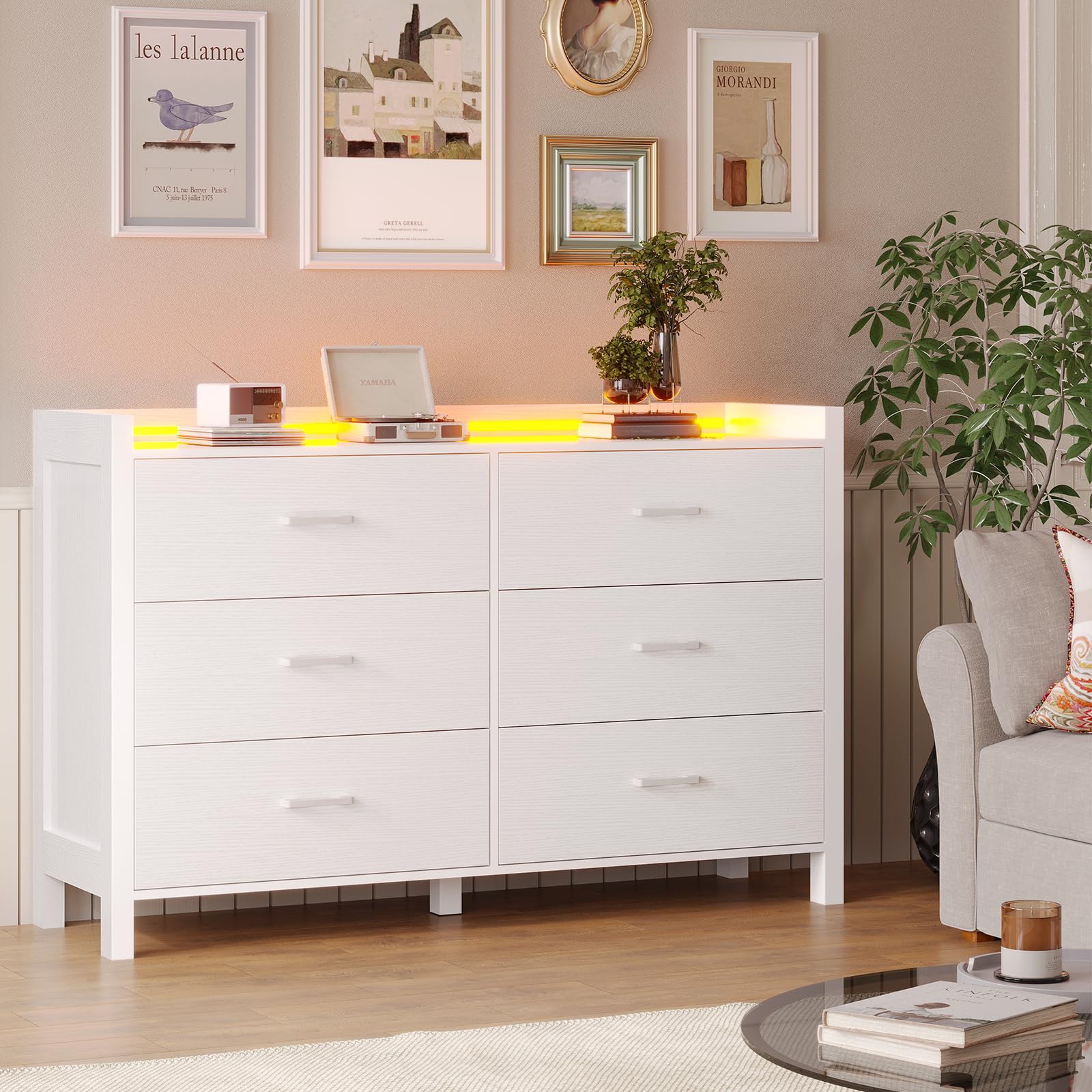 Hasuit White Dresser for Bedroom with LED Lights, Large Capacity Wooden Storage Cabinet, Chest of 6 Drawers, 6 Drawer Dresser for Hallway, Entryway - WoodArtSupply