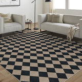 Rugalia Easy Jute Black Checkered 8x10 Area Rug, Washable Modern Outdoor Rug for Patio Non-Slip Diamond Rugs for Living Room, Neutral Farmhouse Floor Carpet for Bedroom Dining Room Classroom Rugalia