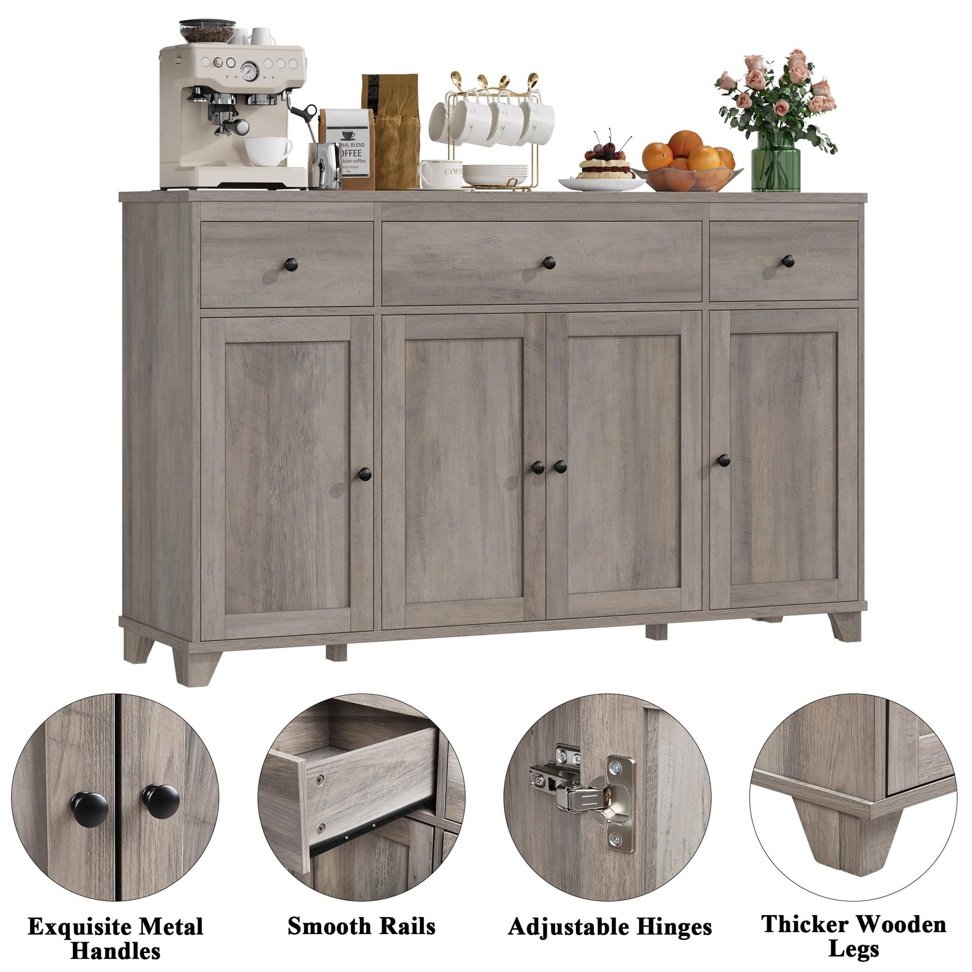 HIFIT 55" Large Kitchen Buffet Cabinet with Storage Drawers, Farmhouse Sideboard Buffet Table Storage Cabinet with Doors and Shelves, Wood Coffee Bar Cabinet for Kitchen Dining Living Room, A - WoodArtSupply