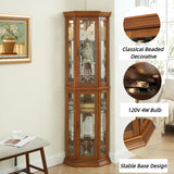 Trygoal 70" H Lighted Corner Display Cabinet, Wooden Storage Display Case with Tempered Glass Doors, Accent Cabinet with Adjustable Shelves for Living Room, Oak Trygoal