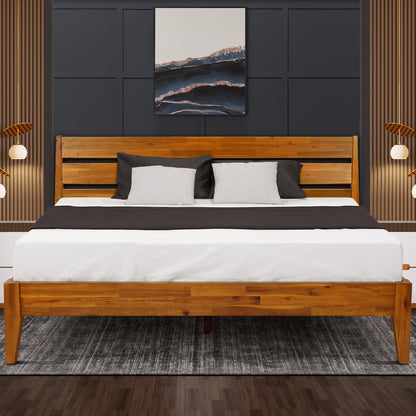 Acacia Emery Bed Frame with Headboard Solid Wood Platform Bed, King Size Bed Frame, Unique Design Contemporary Signature Wood Bed Compatible with All Mattresses, Non-Slip and Noise-Free, Caramel.