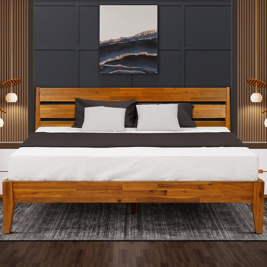 Acacia Wood King Size Bed Frame with Artistic Headboard - Contemporary Solid Platform Design in Caramel - WoodArtSupply