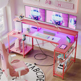 Bestier 71.5 inch Gaming Desk with Power Outlet, Large LED Computer Desk with Monitor Stand, L Shaped Desk with Storage Shelf, Cup Holder & Headset Hooks, Corner Gamer Desk for Bedroom Pink Bestier